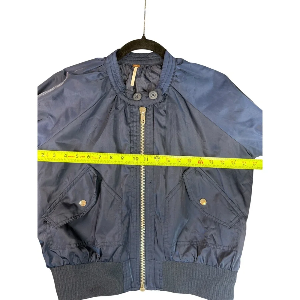 Free People Navy Blue Satin Bomber Jacket Full Zip Ribbed Trim XS